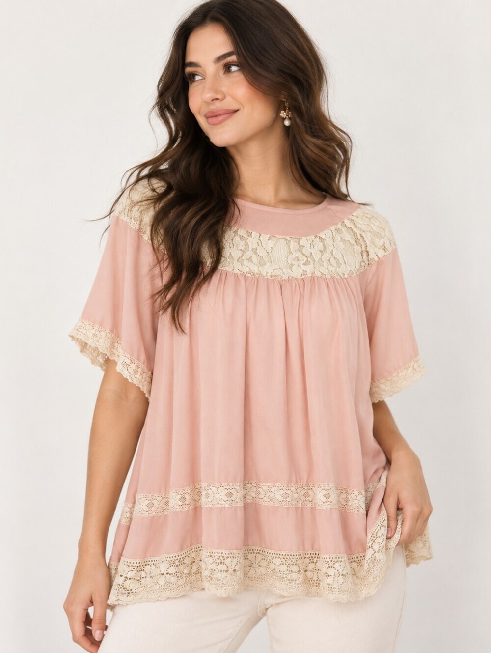 Baby Doll Pink Lace Coquette Boho Tunic Blouse Cottagecore Size Small